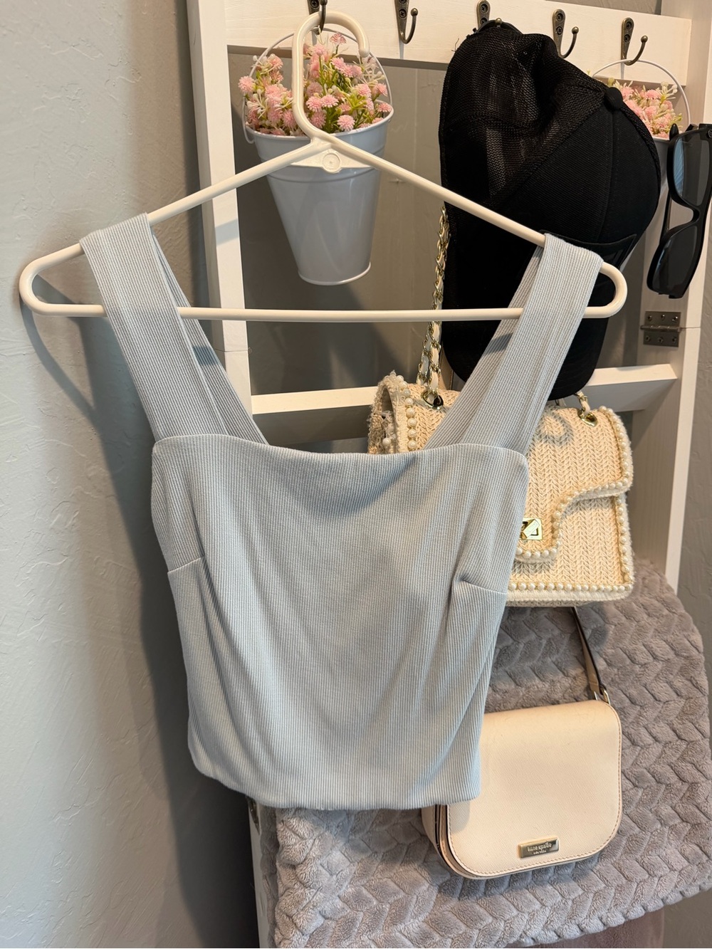 Boutique Ribbed Square-Neck Crop Tank in Light Blue